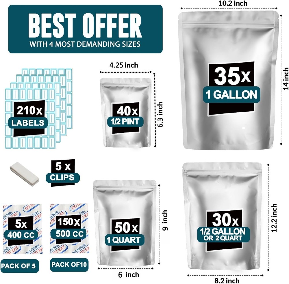155 كيس مايلر مع 155 ممتص للأك - مراجعة Food Storage Labels وسعره